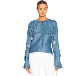 Veronica Beard Mia Cotton Chambray Shirting Blouse Ruffled Sleeves
